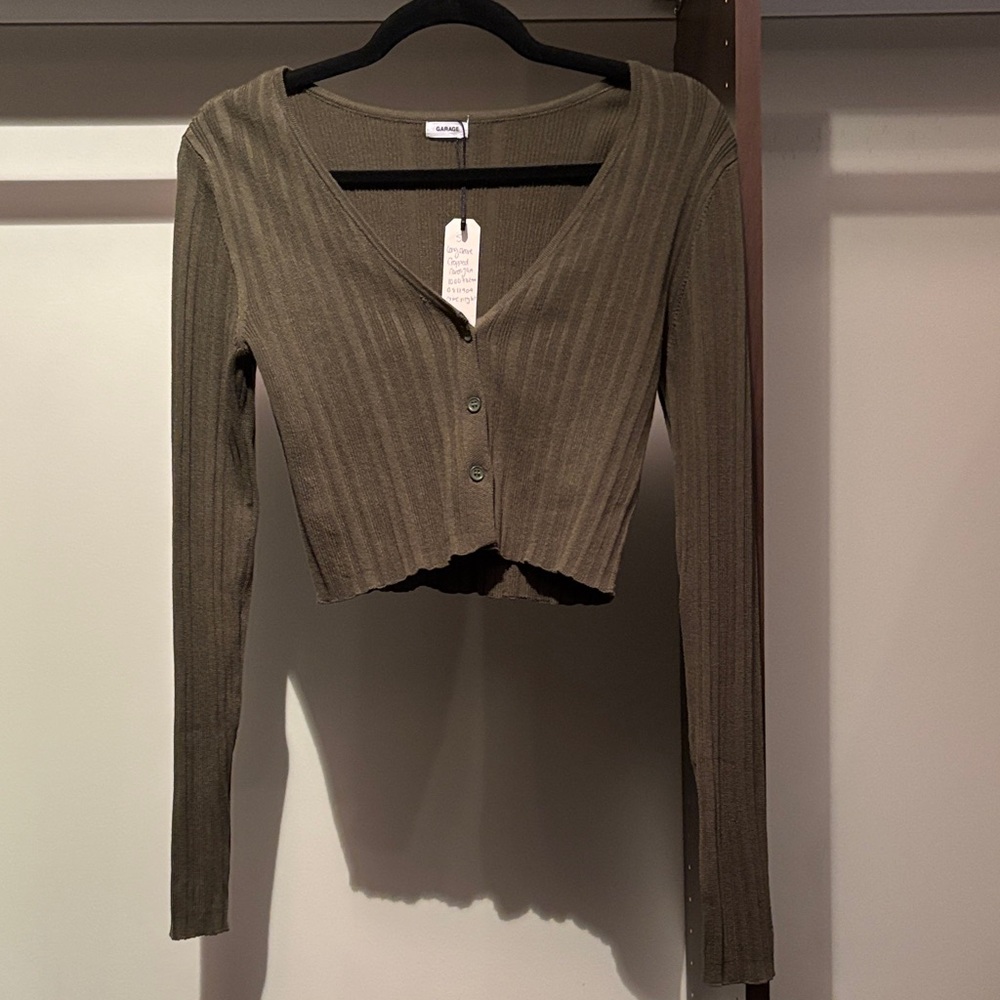 Garage Cropped Brown Ribbed Button Front Top
